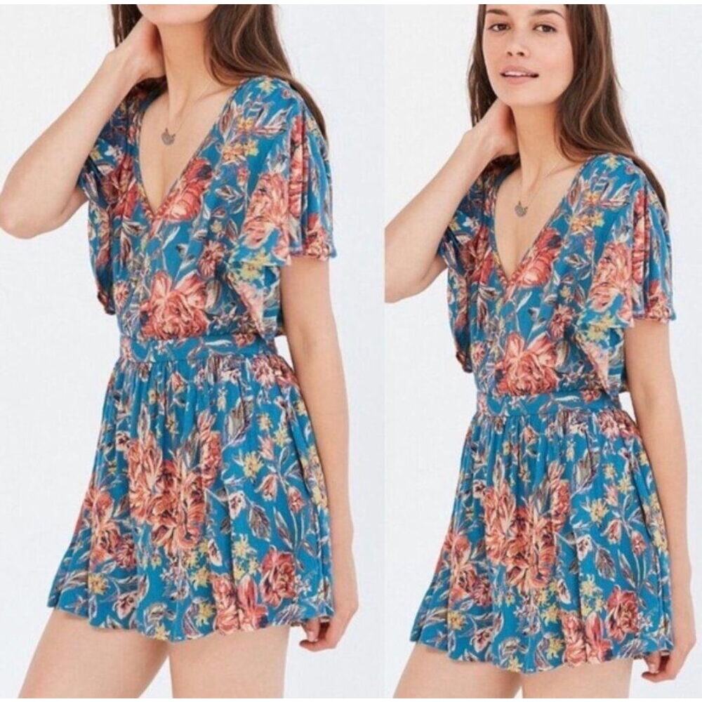 KIMCHI BLUE Teal Floral Butterfly Sleeve Boho Romper Keyhole Back Women Size 4